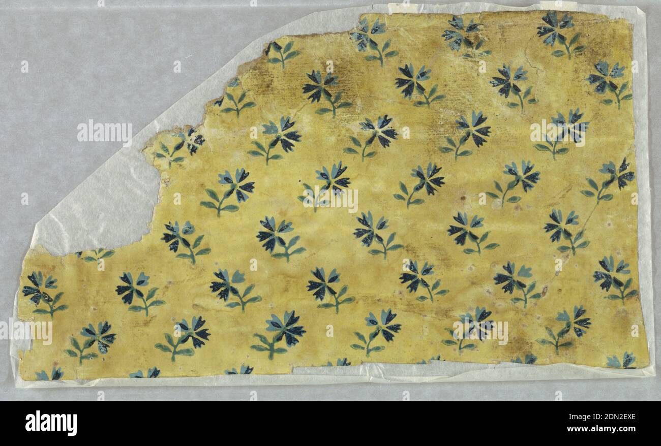 Flanc - fragment, imprimé en bloc, « a » : rectangle horizontal irrégulier. Lignes diagonales de petites fleurs de maïs bleues étroitement espacées avec des feuilles et des tiges vertes; 'b': Rectangle vertical de même., France, 1775–80, revêtements muraux, paroi latérale - fragment Banque D'Images