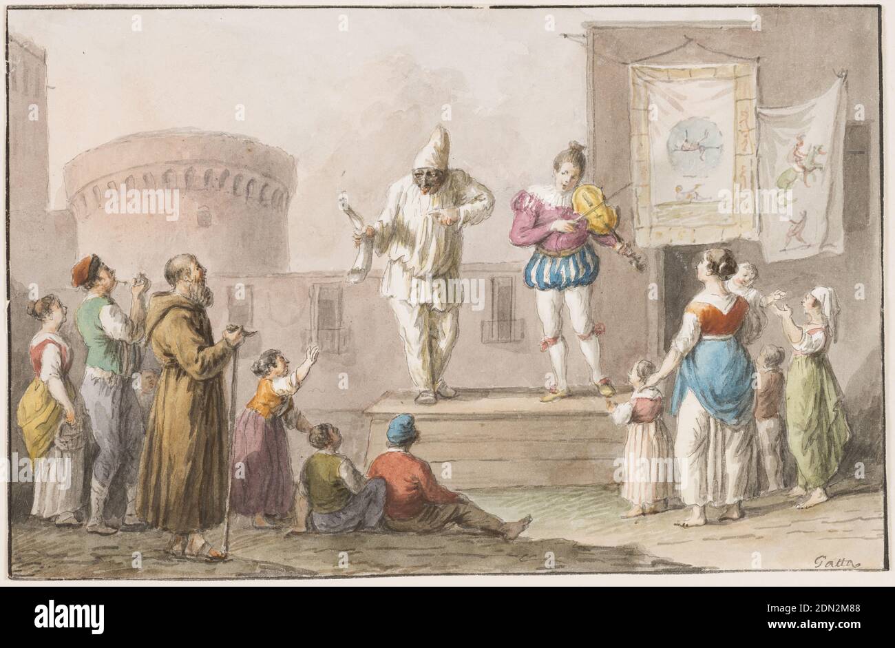 Couleur de l'eau; Performers d'un Commedia dell'Arte, Saverio della Gatta, Italien, 1777 - 1829, couleurs de plume et d'encre noire et d'eau sur papier, rectangle horizontal. Pulcinella portant une corne dans sa main droite et pointant avec l'index gauche sur quelqu'un, se dresse sur un podium devant le coin d'une structure dans le quartier du Castel Nuovo à Naples. À côté de lui se trouve une fille dans la tenue d'une page du XVIe siècle et jouant du violon. Deux chiffons ornés de peintures sont suspendus comme des affiches au-dessus de la porte d'entrée. Les femmes et les enfants ont raison; les enfants, une femme et un homme Banque D'Images