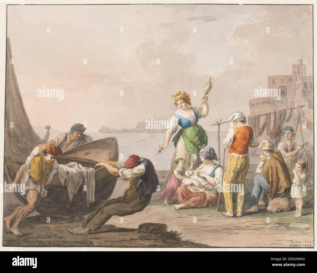Couleur de l'eau; sur la rive à Chiaja, Saverio della Gatta, italien, 1777 - 1829, craie noire et diverses couleurs de l'eau sur papier., rectangle horizontal. Trois hommes déplacent un bateau allongé sur la rive, à gauche. À droite se trouvent une femme debout et une femme qui tourne, une femme assise qui allaite un bébé avec une fille debout à côté d'elle, trois hommes et un enfant qui mange. A gauche est un rocher, à droite est un promontoire avec structure, en arrière-plan sont Capri et la péninsule de Sorrente. Ligne de cadrage. La signature est dans le coin inférieur droit: 'Gatta F. 1828.', Italie, 1828, figures, dessin Banque D'Images