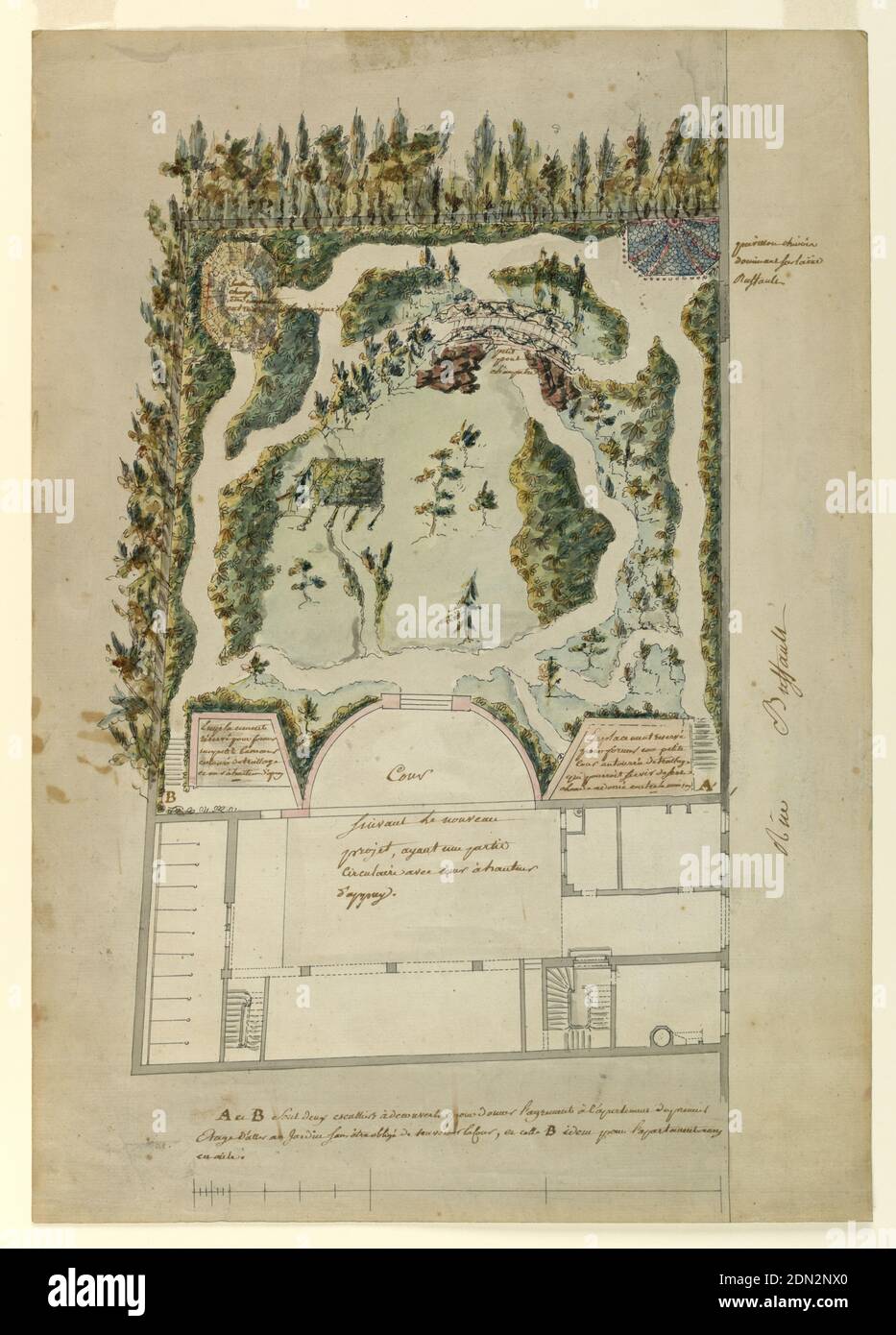 English Landscape Garden, Unknown, stylo et encre marron et grise, pinceau et couleur de l'eau sur papier blanc cassé, peut-être France, France, ca. 1775, architecture, dessin Banque D'Images