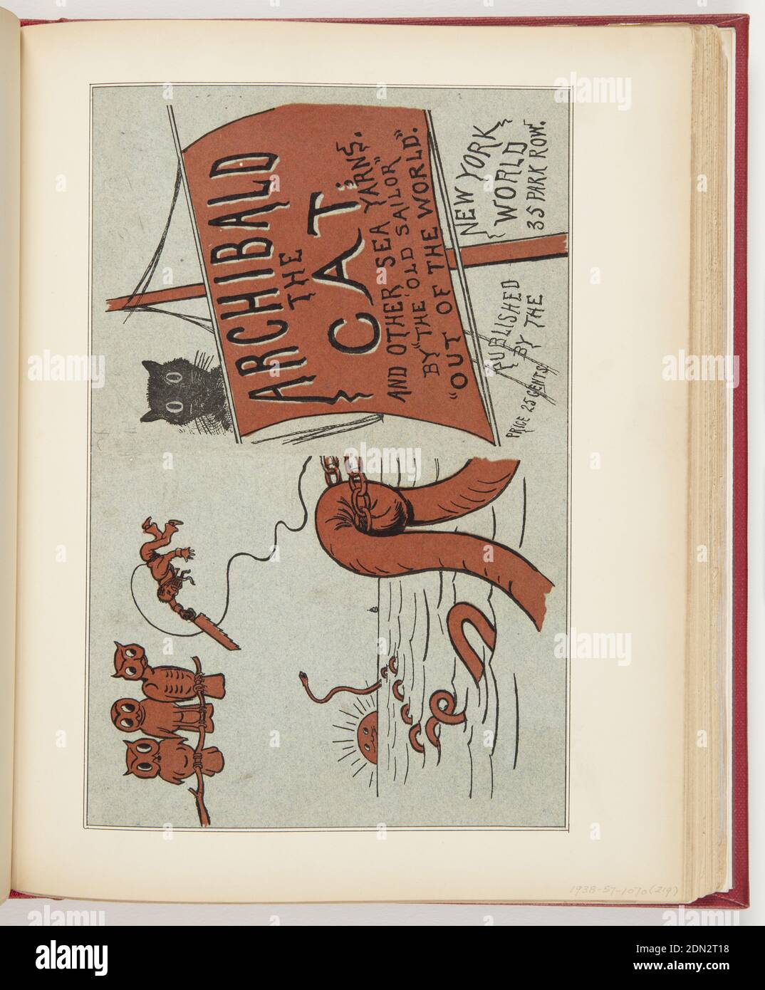 Couverture pour « Archibald the Cat », imprimée à l'encre noire et rouge sur papier bleu, à gauche ; paysage marin. En haut à gauche, trois hiboux perchés sur une branche; en haut à droite, homme dans le ciel avec la scie dans la main droite, ficelle attachée autour de lui. En bas à gauche, la queue du serpent s'étendant à l'horizon; au centre à gauche, mettant le soleil souriant à l'horizon. À droite, couverture pour Archibald le Cat Wind Said, avec inscription, chat noir derrière voile, à gauche., USA, 1878, albums (relié) et livres, Ephemera Banque D'Images