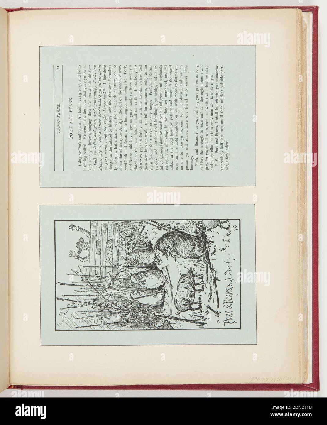 Porc et haricots, imprimés à l'encre noire sur du papier bleu, dessus; petite histoire sur le porc et les haricots. Bas; cochons assis et mangeant de la végétation; arrière-plan, homme avec chapeau derrière la clôture en bois hurle dans la surprise, les armes se sont étendues en choc., Etats-Unis, 1877, albums (relié) et livres, Ephemera, Ephemera Banque D'Images