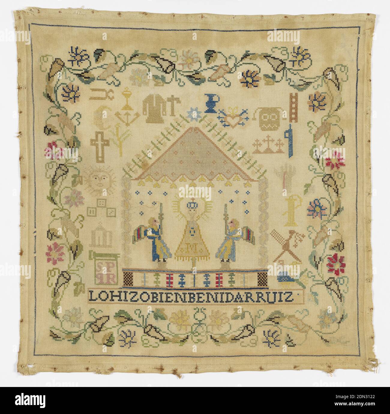 Sampler, R. Ruiz, Moyen: Broderie de soie sur la fondation de coton technique: Point de croix sur le tissage Uni, figure de la Vierge Marie avec des anges sous une verrière, entourée de symboles de la Crucifixion. Bordure fleurie, Espagne, 1800–1850, broderie et couture, Sampler Banque D'Images