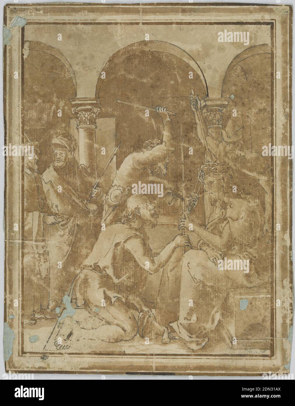 Copie du couronnement avec les épines dans la petite passion par Albrecht Durer, publié en 1511, Pen, pinceau et bistre sur papier, composition verticale du couronnement avec un cadre moulé, Italie, 1525–1600, religion, dessin Banque D'Images