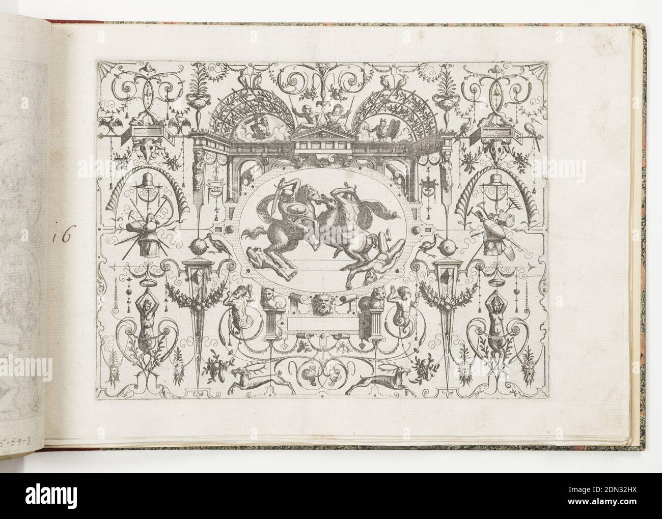 Planche 16, de Grotteßco in diverßche manieren (diverses Grotesques), Hans Vredeman de Vries, Néerlandais, 1527 - ca. 1606, Jan van Doetechum The Elder, néerlandais, actif 1554 - ca. 1600, Lucas van Doetechum, néerlandais, après 1584, Gerard de Jode, flamand, 1509 - 1591, Etching sur papier ponté, panneau grotesque avec ovale central montrant deux guerriers montés combattant et deux hommes morts en dessous. Au-dessus, Moïse et Christ. De chaque côté, trophées., Antwerpen, 1564, ornement, Imprimer Banque D'Images