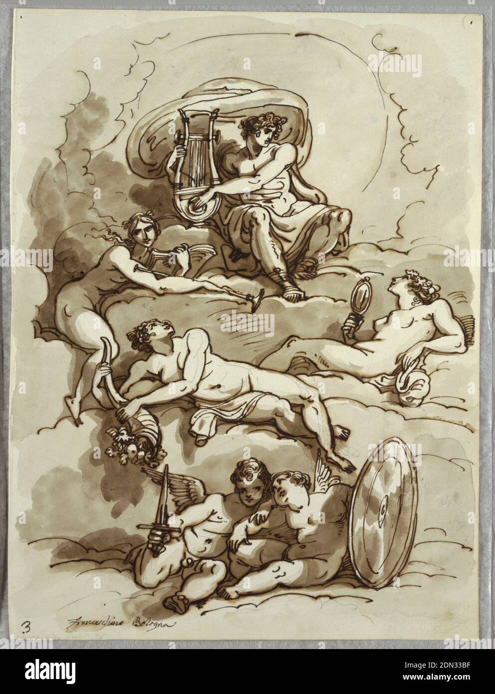 Apollo avec Lyre, EMAG, abondance, Beauté et deux Putti on Clouds, Etude après Marcantonio Franceschini, Felice Giani, Italien, 1758–1823, encre de plume et marron, lavage brun, sur papier blanc craie noir, dessus, Apollon avec lyre, assis sur le nuage. Au centre et à gauche, trois nymphes ou déesses inclinables. Un avec livre et trompette, un avec cornucopia, et un avec miroir. Ci-dessous, deux putti ailé, un tenant une épée courte, et un putti avec bouclier rond., Italie, Italie, 1821–22, figures, folio Sketchbook, folio Sketchbook Banque D'Images