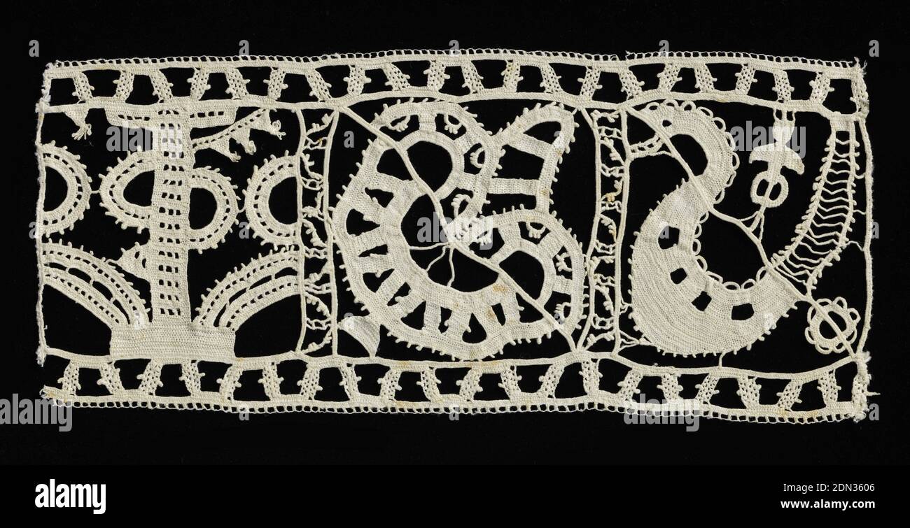 Bande, moyenne: technique de lin: Grille de cordon coulé avec dentelle d'aiguille (style reticella), Espagne, fin du XVIe au début du XVIIe siècle, dentelle, bande Banque D'Images
