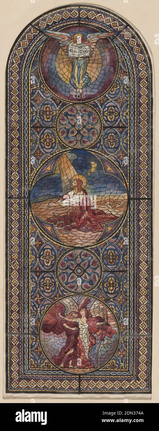Design pour une fenêtre en vitrail, Izabel M. Coles, cuisine américaine, 1890 - 1964, encre et aquarelle sur papier à tracer, Design pour une fenêtre en vitrail avec haut voûté et trois motifs dans des rondels; top, un ange tenant un livre ouvert inscrit 'le mot'; centre, Christ à Gethsemane; Bas, deux figures debout., Etats-Unis, ca. 1909–12, architecture, intérieurs, dessin Banque D'Images