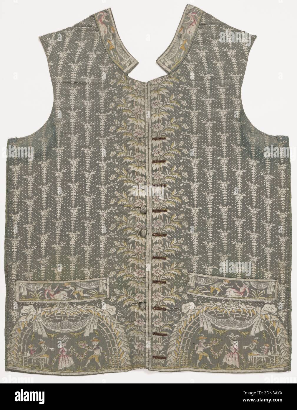 Gilet de costume, moyen : soie technique : soie 7&1 satin (gris) avec reliure à chaîne supplémentaire trame supplémentaire (blanc). Toutes les autres couleurs ont été peintes sur la surface., avant gauche et droit du gilet de gentleman. Danse des figures et des lettres sur les poches., Europe, ca. 1795, costume et accessoires, gilet de costume Banque D'Images