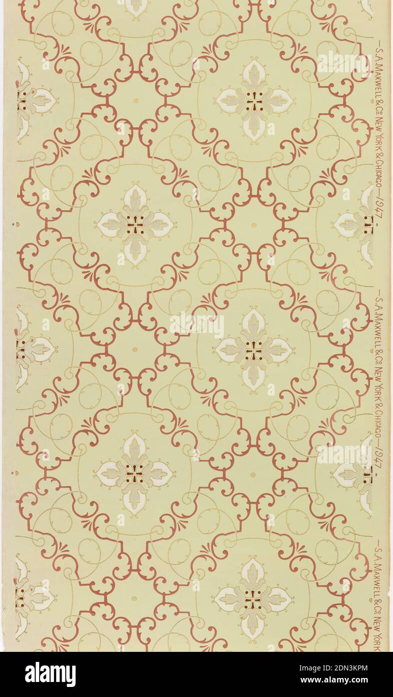 Papier de plafond, Maxwell & Co., S.A., Chicago, Illinois, États-Unis, papier imprimé à la machine, MOTIF floral stylisé, avec quatre boutons, entouré d'un cercle doré métallique. Les cercles sont enfermés dans un cadre carré, qui fait partie d'un motif de grille global., USA, 1905–1915, revêtements muraux, papier de plafond Banque D'Images