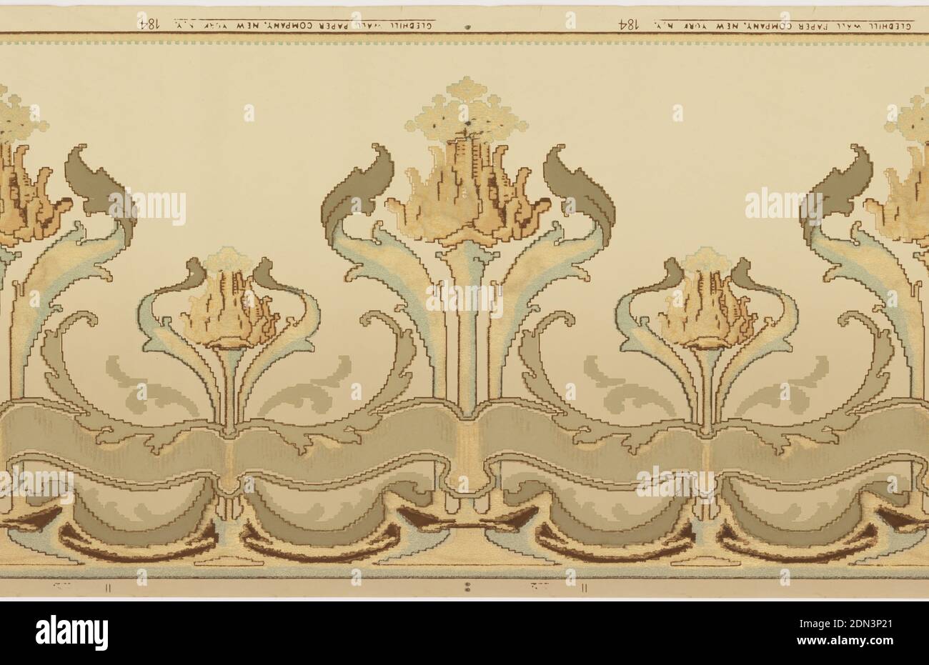 Frieze, Gledhill Wall Paper Co., New York, New York, fondée en 1900, papier imprimé à la machine, Art Nouveau design. Alternance de grandes et petites fleurs stylisées avec la base. Interconnexion des rouleaux foliaires et stylisés. Bande dorée marron et métallique et cordon bleu sur le dessus. Imprimé en jaune, vert, marron, blanc et or métallique sur fond vert., New York, New York, États-Unis, 1905–1915, Wallcoverings, Frieze Banque D'Images