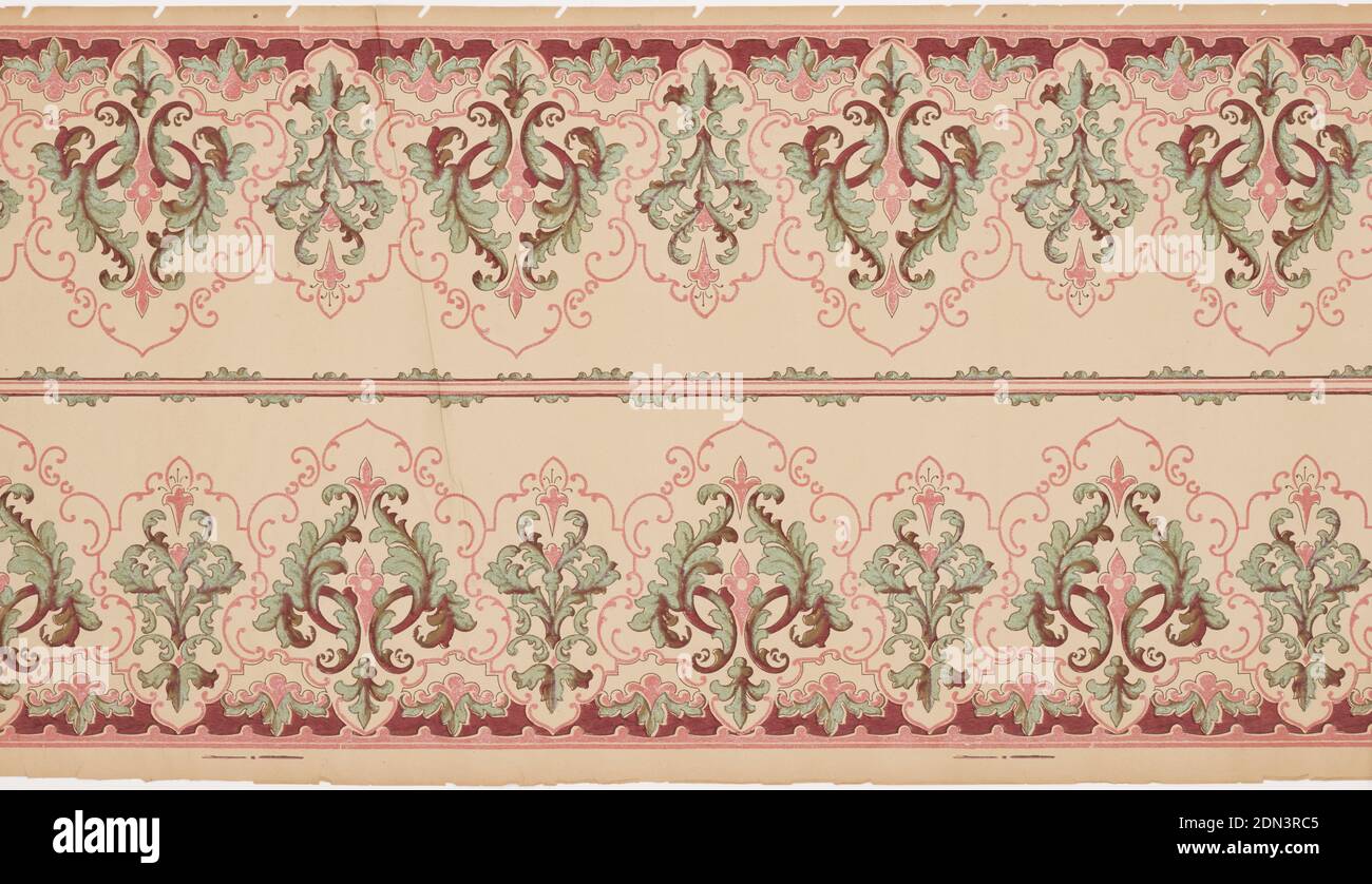 Frieze, papier imprimé à la machine, mica liquide, petits et grands anthemions vert et rouge foncé, avec des c-défiles roses, sur fond beige., États-Unis, 1905–1915, Wallcovers, Frieze Banque D'Images