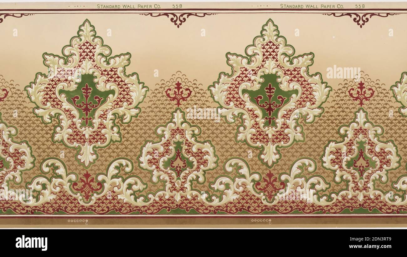 Frieze, Standard Wall-Paper Company, Standard Wall-Paper Company, Pittsburgh, Pennsylvanie, papier imprimé à la machine, grands médaillons foliaires flottants alternant avec des médaillons plus petits et mis à la terre. Le tiers supérieur de l'arrière-plan est brun clair, tandis que les deux tiers inférieurs contiennent un motif d'échelle de poisson., Pittsburgh, Pennsylvanie, États-Unis, 1905–1915, Wallcovers, Frieze Banque D'Images