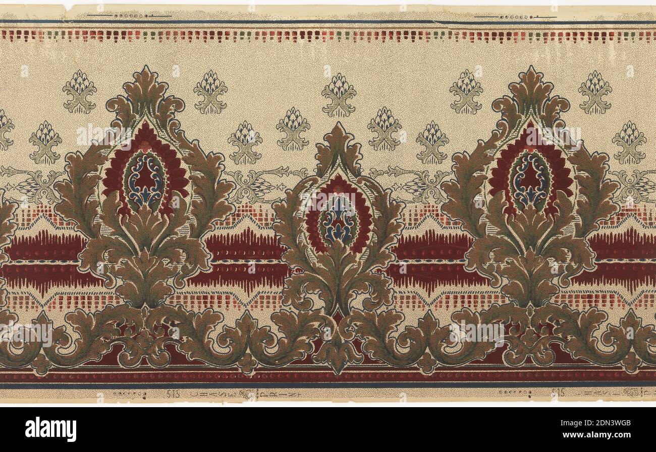 Frieze, Lewis Chase Wall Paper Company, Bristol, Pennsylvanie, États-Unis, papier imprimé à la machine, alternant grands et petits médaillons d'acanthus. La bande rouge profond juste en dessous du centre relie tous les médaillons. Petits motifs floraux dans la partie supérieure. Imprimé sur fond tacheté., Bristol, Pennsylvanie, États-Unis, 1905–1915, Wallcoverings, Frieze Banque D'Images
