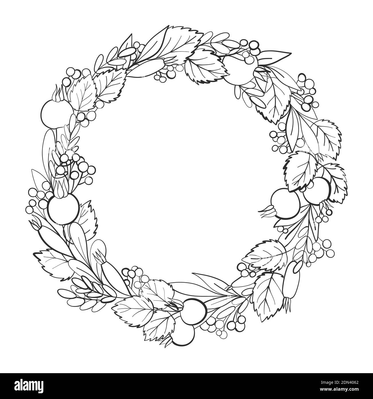 Belle couronne fleurie faite de feuilles et de baies de rosehip. Cadre fleuri. Illustration à base de plantes vectorielles pour cartes, mariage, anniversaire, Félicitations. Illustration de Vecteur