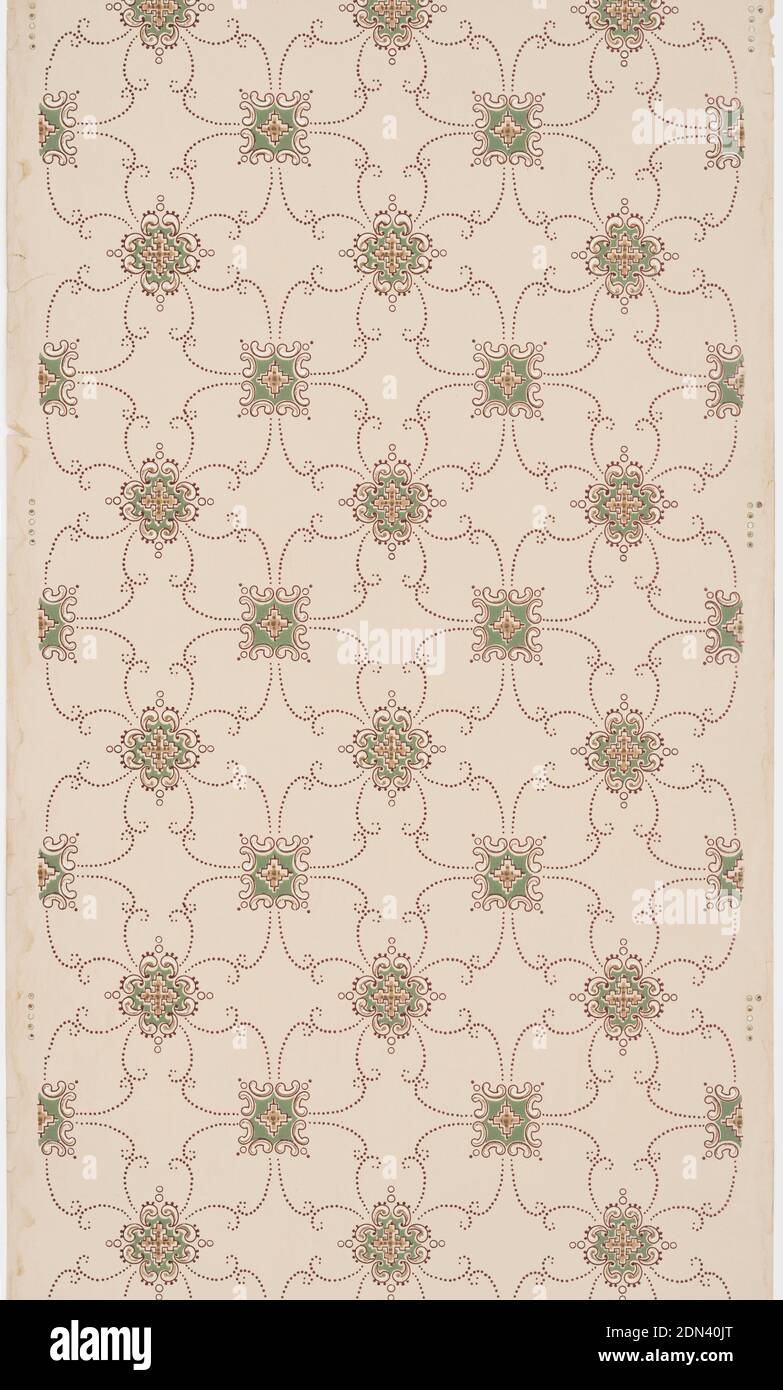 Papier de plafond, papier imprimé à la machine, deux motifs squarish différents alternant en rangées. Connecté par des lignes de défilement en pointillé. Imprimé sur un sol brun clair., États-Unis, 1905–1915, revêtements muraux, papier de plafond Banque D'Images