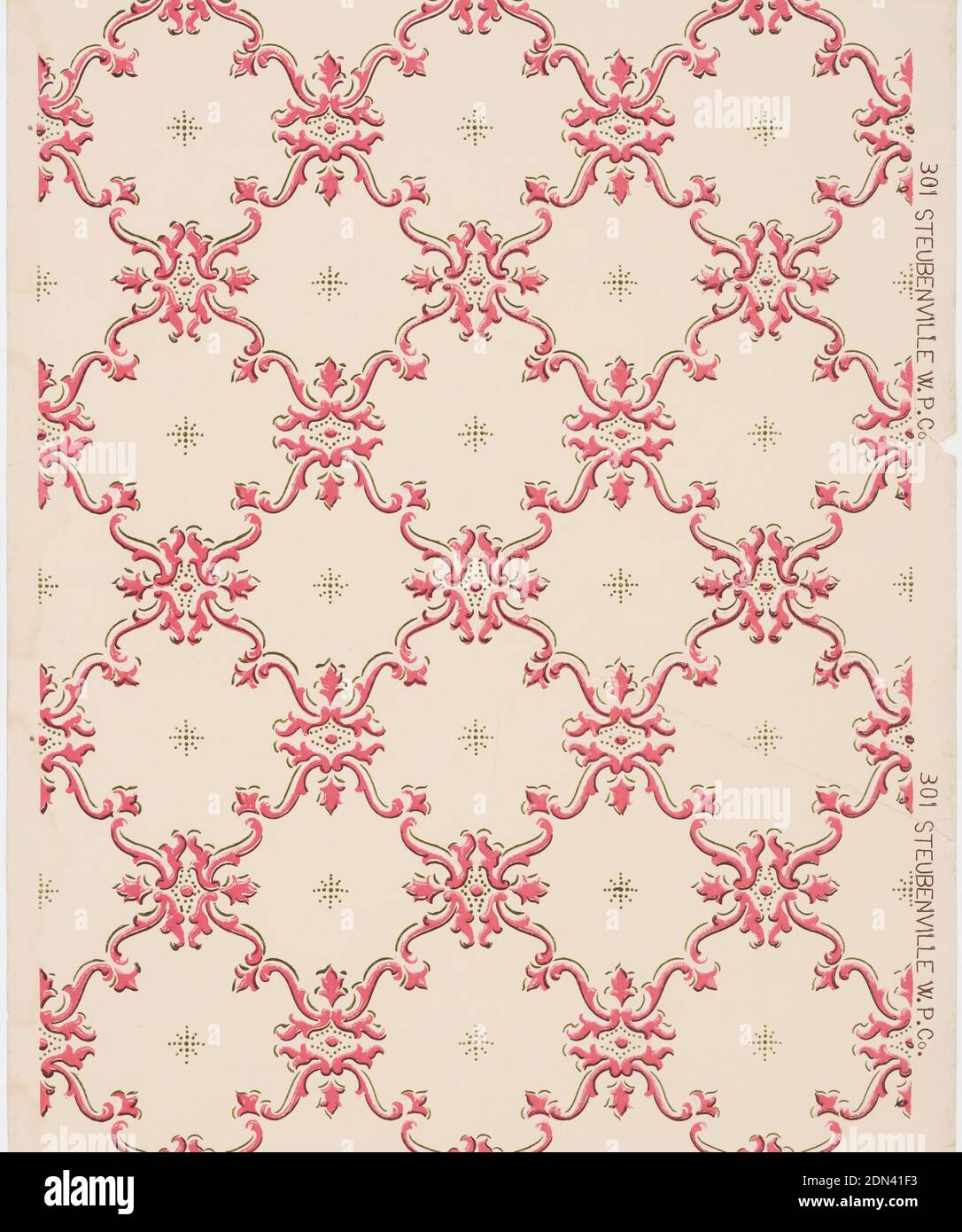 Papier de plafond, Steubenville Wallpaper Company, The, 1905, papier imprimé à la machine, sur fond gris clair, cirage de volutes rose foncé, contenant des astérisques composés de points., Steubenville, Ohio, États-Unis, 1905–1915, revêtements muraux, papier de plafond Banque D'Images