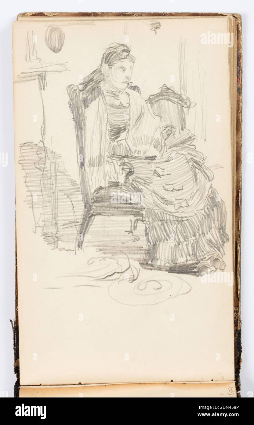 Sketchbook page, Kenyon Cox, cuisine américaine, 1856–1919, Graphite sur papier, croquis d'une femme assise dans une chaise avec un châle autour de ses épaules., États-Unis, 1875, albums (relié) et livres, folio de Sketchbook, folio de Sketchbook Banque D'Images