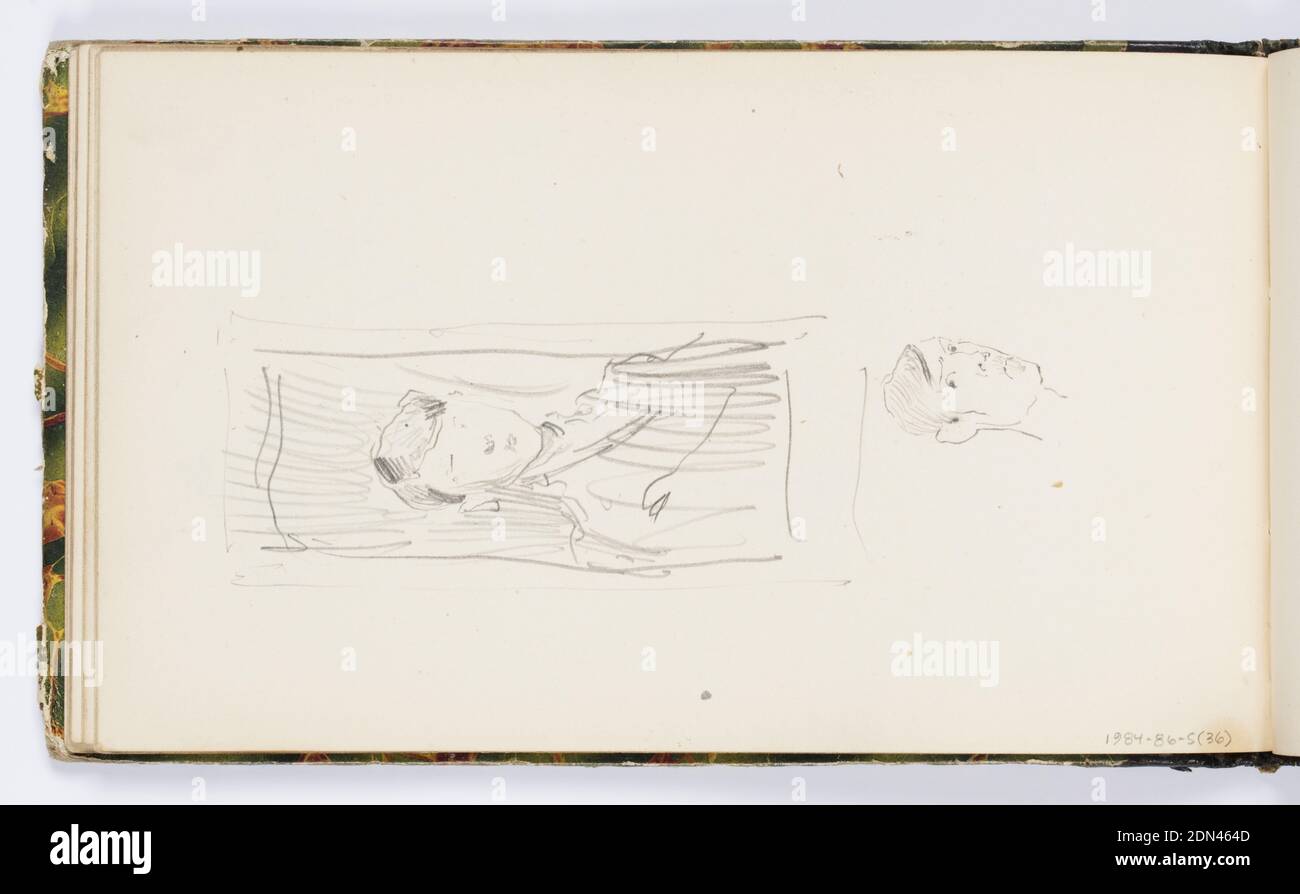 Page d'esquisse : deux portraits, Kenyon Cox, américain, 1856–1919, Graphite sur papier, deux portraits esquissés, probablement autoportraits de l'artiste. Au-dessus, vue de trois quarts de la tête et des épaules, dans un cadre rectangulaire. Ci-dessous, croquis supplémentaire de Head., USA, 1875, albums (Bound) & books, folio de Sketchbook, folio de Sketchbook Banque D'Images