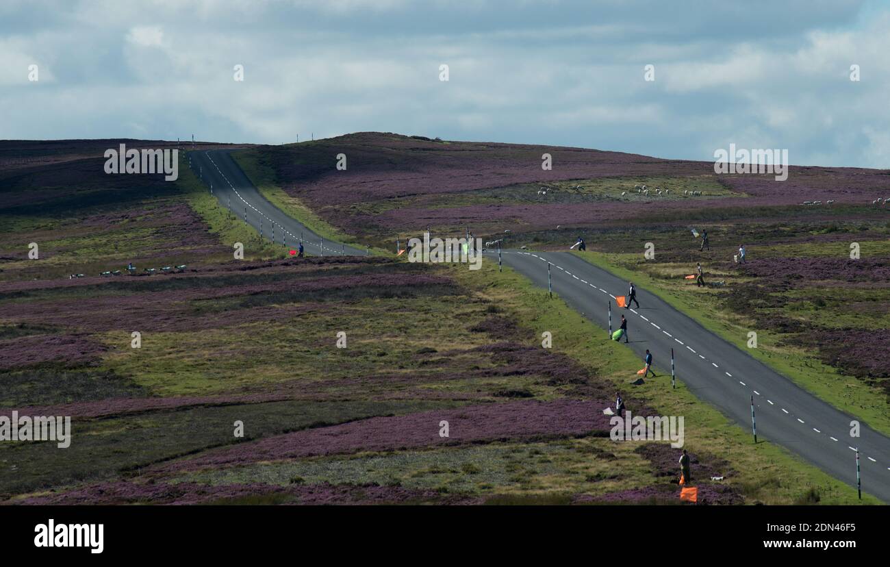 Une prise de vue organisée de tétras montrant les fouets traversant une route au-dessus des moos de bruyère avec des drapeaux pour élever le tétras dans l'air Banque D'Images