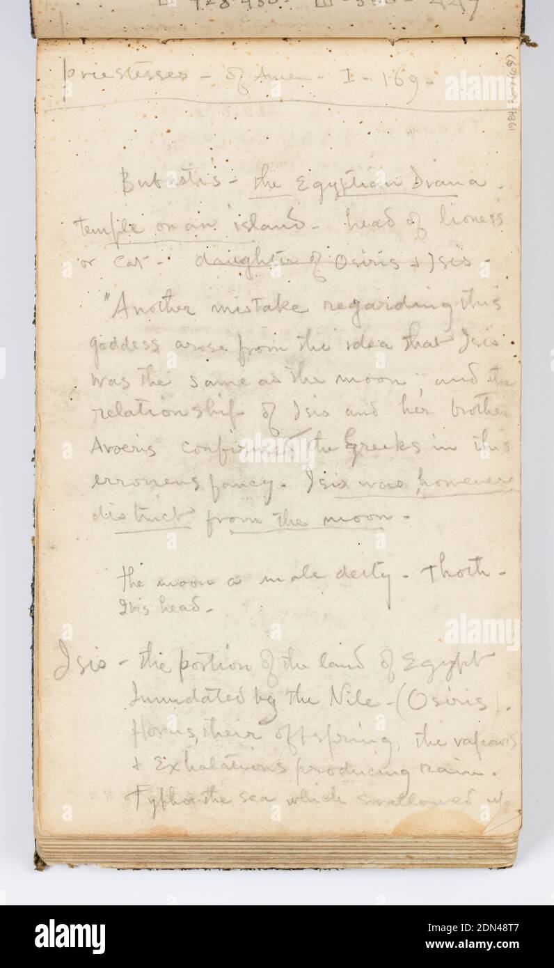 Page d'esquisse : notes sur les dieux et les déesses égyptiens anciens, Kenyon Cox, américain, 1856–1919, Graphite sur papier, Notes sur les dieux et déesses égyptiens anciens, y compris Isis, sur Recto et Verso., États-Unis, 1883, albums (relié) et livres, folio d'esquisses, folio d'esquisses Banque D'Images