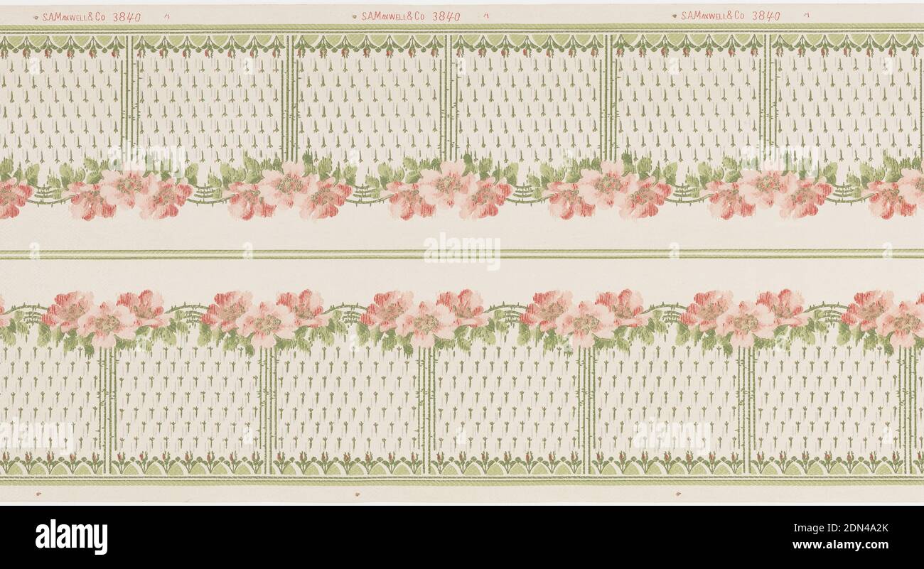 Border, S.A. Maxwell & Co., papier imprimé à la machine, bordure florale, regroupement de trois coquelicots roses reliés par une voûte plantaire. Sous, bourre de motifs floraux stylisés. Imprimé sur sol blanc, États-Unis, env. 1915, revêtements muraux, bordure Banque D'Images