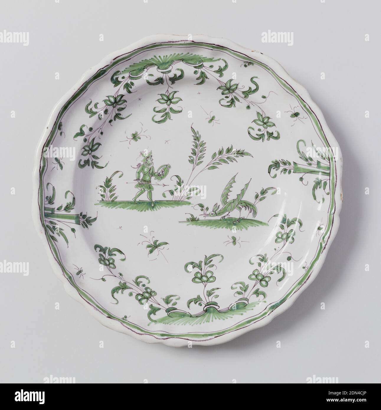 Assiette, faïence émaillée, plaque circulaire avec bordure festonnée; décoration florale vert pâle autour du périmètre, faune et figure au centre., vers 1760, céramique, Arts décoratifs, assiette Banque D'Images