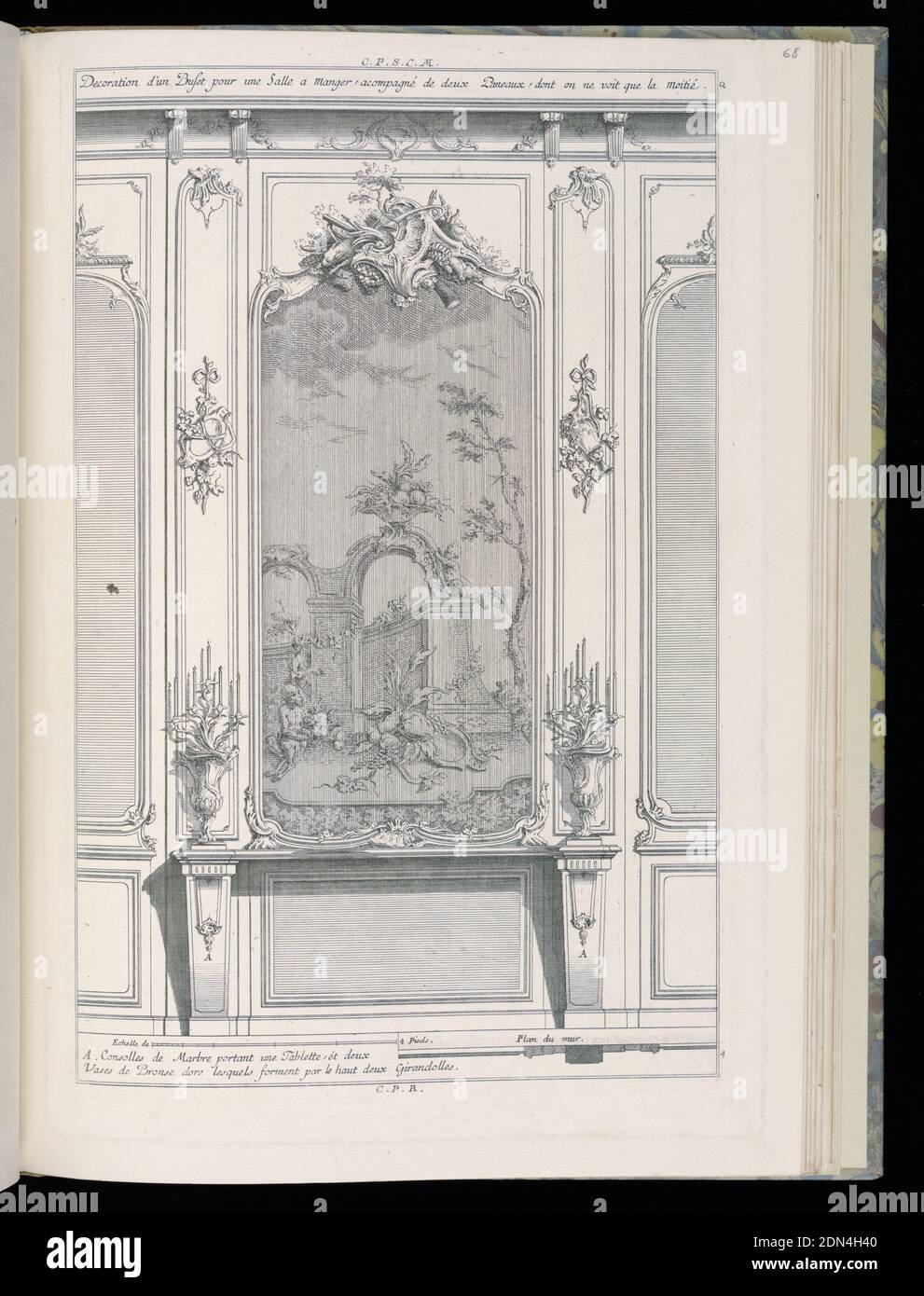 Mur avec peinture et consoles, Desseins de Lambris (Wainscoting Designs), François de Cuvilliés The Elder, Belge, active Allemagne, 1695 - 1768, Carl Albert von Lespilliez, allemand, 1723 - 1796, Nicolas Jean-Baptiste de Poilly, français, 1712 - après 1758, François de Cuvilliés The Elder, Belge, active, Allemagne, gravure sur papier, 1695 - 1768, Design pour mur intérieur de style rococo. Une peinture encadrée ou tapisserie au centre représentant une vie de fruits encore avec des singes à gauche, des ruines architecturales et une vue partielle du paysage en arrière-plan; le cadre de la scène surmontée d'un trophée armorial Banque D'Images