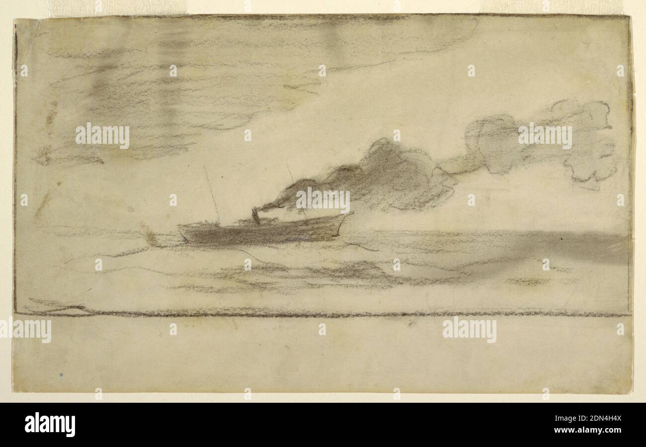 Trawler de pêche, Winslow Homer, cuisine américaine, 1836–1910, charbon de bois sur papier, vue horizontale d'un chalutier de pêche avec une longue piste de fumée et un grand nuage dans le coin supérieur gauche., États-Unis, ca. 1881, assaisonnement, dessin Banque D'Images