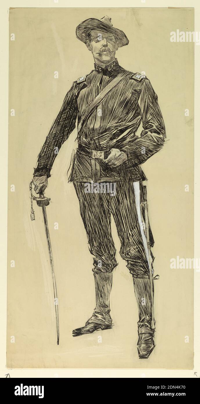 American Officer (Spanish American War), Howard Chandler Christy, American, 1872 - 1952, fils de Charles Scribner, New York, New York, Etats-Unis, stylo et encre noire, brosse et gouache blanche, points saillants grattés sur le tableau d'illustration, figure pleine longueur d'un homme, en uniforme, debout et face au spectateur, tourné légèrement vers la gauche. Il tient une épée dans sa main droite., USA, ca. 1898, figures, dessin Banque D'Images