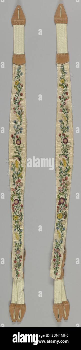 Bretelles, M : soie, cuir technique : points de nœud sur taffetas, bretelles  en cuir décorées de motifs