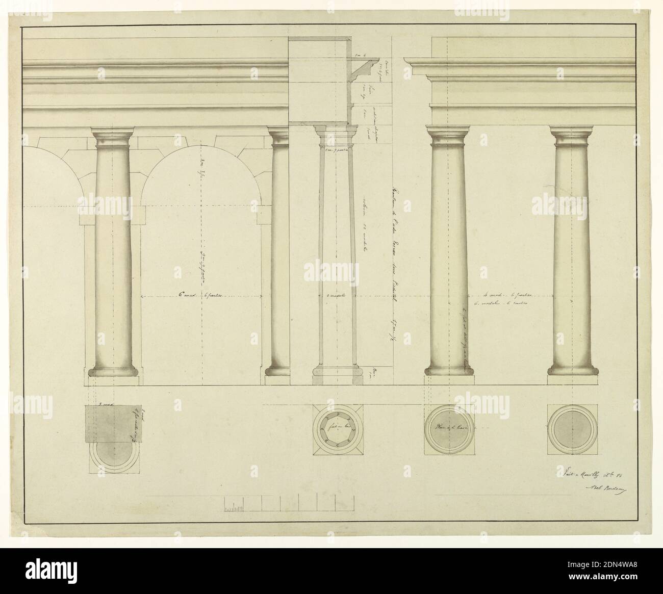 Élévation de la section d'un mur avec colonnes et Arche à gauche, Graphite, pinceau et aquarelle, stylo et encre brune sur papier crème, conception pour colonnes toscanes avec arches, plans et élévations, entablatures de soutien; échelle en marge inférieure., Marcilly, France, 1884, architecture, dessin Banque D'Images