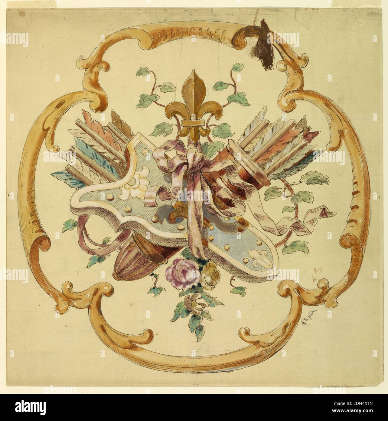 Design pour le reste d'une chaise ou d'un coussin, à exécuter en tapisserie, Alphonse de Neuville, français, 1835 - 1885, stylo, encre, aquarelle, et gouache sur papier, UN trophée de quiver rempli et fleurs, suspendu d'une fleur de lis, en quatrefoil de scrollwork. Design textile, tapisserie., France, ca. 1880, dessin Banque D'Images