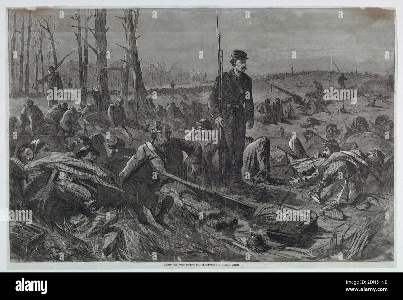 Armée du Potomac – dormir sur leurs bras, Harper's Weekly, gravure de bois à l'encre noire sur papier, l'armée de l'Union a endormi dans un champ avec des saisies postées., USA, 28 mai 1864, figures, Imprimer Banque D'Images