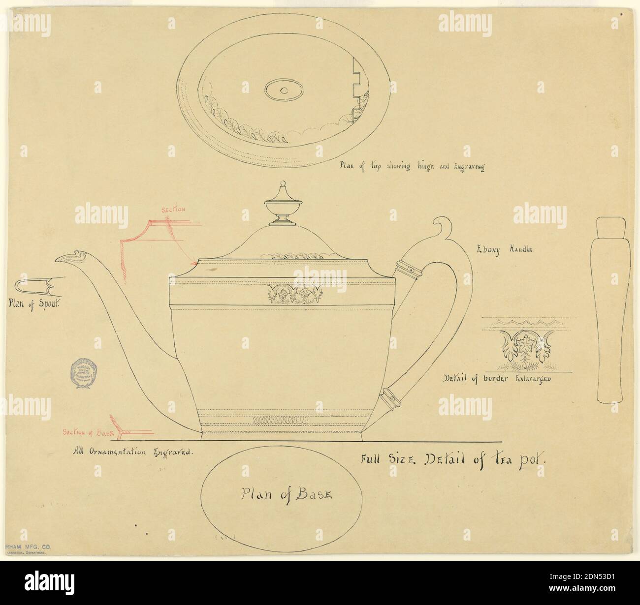 Plan à grande échelle pour la théière d'argent gravée George III style, Gorham Manufacturing Company, Providence, Rhode Island, États-Unis, fondée en 1818, stylo et encre noire et rouge à bord, États-Unis, 1818-1900, dessin Banque D'Images