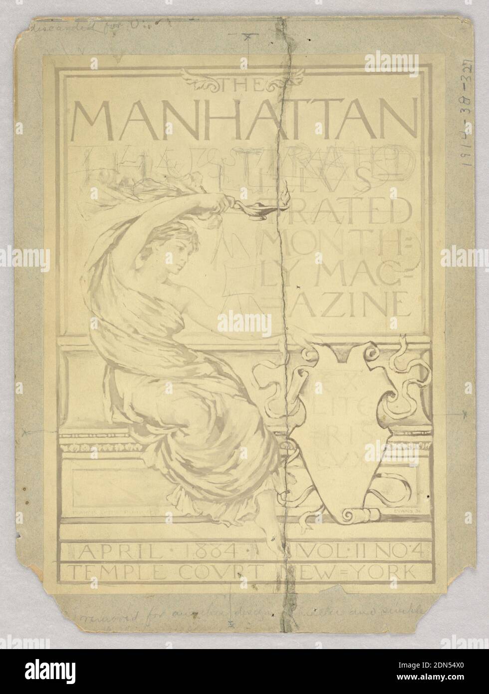Couverture de Manhattan Illustrated Magazine, avril 1884, avec corrections, Francis Augustus Lathrop, américain, 1849 - 1909, Photographie avec corrections de graphite sur panneau marron, Photographie de couverture pour le Manhattan Illustrated Magazine, New York, avril 1884, par Evans After Lathrop. Le positionnement du mot « illustré » est corrigé en graphite. Verso: Moitié supérieure, en graphite, section de bande avec deux rouleaux d'acanthus., USA, ca. 1884, conception graphique, dessin Banque D'Images