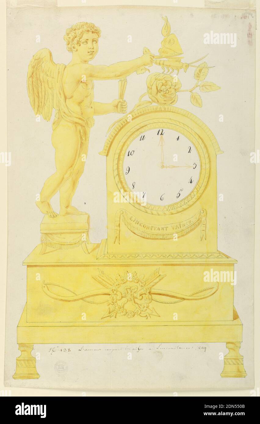 Design pour horloge, Lefebvre Manufactory, Tournai, Brush et jaune, rouge, aquarelle, stylo et encre noire, graphite, sur papier crème, base décorée avec un arc placé horizontalement, des flèches effacées et une couronne de roses. Au-dessus, à droite, un cadran avec une rose et abeille en haut. Ci-dessous, une inscription, 'Linconsatnt vaincu.' À gauche, Cupid debout sur un hassock coupe les ailes d'une abeille., Belgique, 1800–1825, métallurgie, dessin Banque D'Images