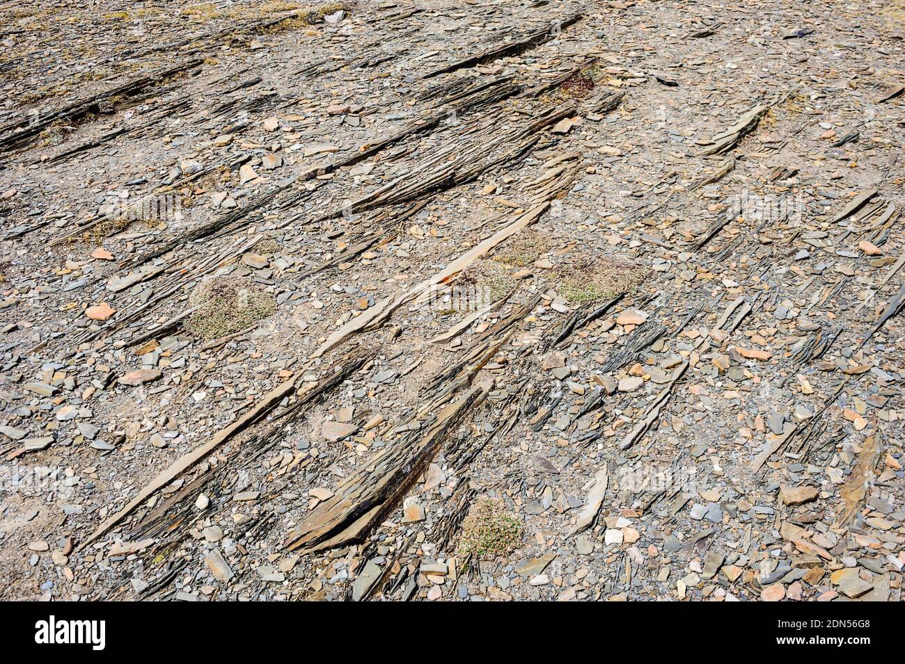 Résumé gros plan de roches parallèles et de gravier en couches sur le sol. Banque D'Images