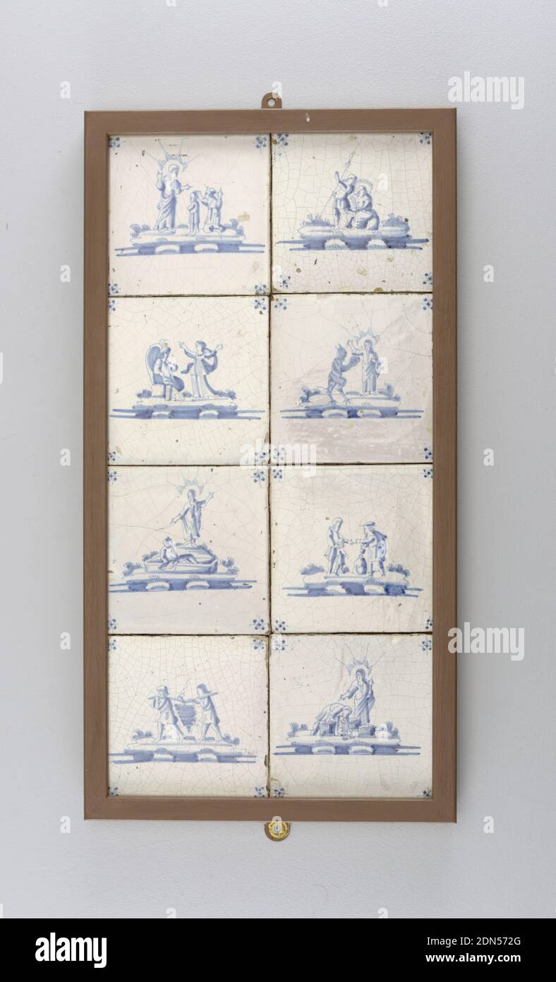 Carrelage, faïence, glaçure d'étain, ensemble de 8 carreaux carrés, chacun peint en bleu sous-glaçure sur blanc avec une scène biblique différente et des motifs d'angle « tête de pider »; monté dans un cadre rectangulaire en bois, 2 à travers, 4 vers le bas., pays-Bas, ca. 1700–25, céramique, arts décoratifs, carrelage Banque D'Images