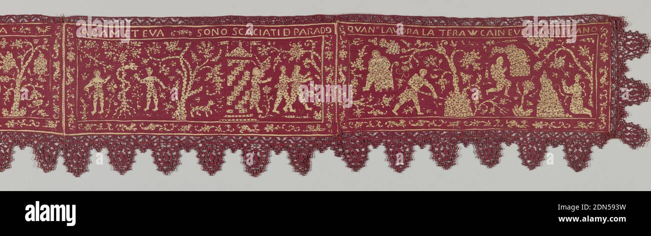 Bande, moyenne: Soie sur lin technique: Longue armée croix, dos et noeud brodée sur le tissage simple; aiguille en dentelle, profonde bande horizontale avec quatre scènes bibliques en blanc cassé sur un sol en soie rouge, avec une aiguille en soie rouge profondément festonnée sur trois côtés. La bande se compose de quatre panneaux joints, chacun représentant une scène étiquetée en haut. La création de l'univers, QUADO CHE IDIO CREO il MONDO, montre le soleil et la lune, les arbres en fleurs, les animaux et les oiseaux. La création d'Adam et Eve, ADAM ADAM et EVA, montre à gauche Adam seul avec un chien, la main de Dieu enlevant la nervure d'Adam Banque D'Images