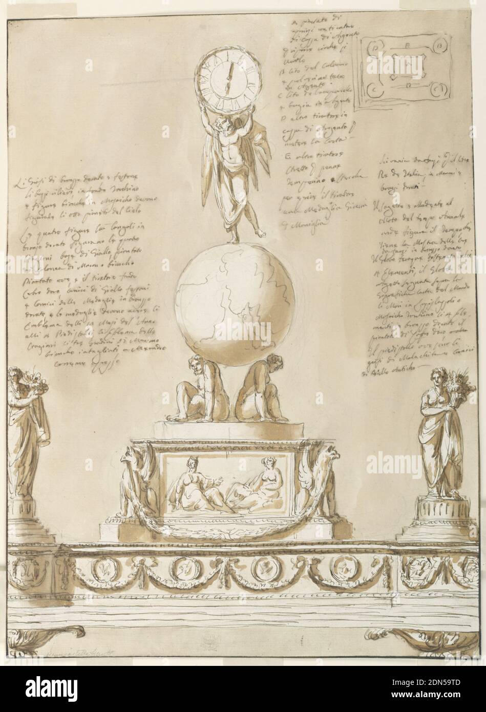 Inkstand pour la Viceroy Eugène de Beauharnais d'Italie, Giuseppe Barberi, italien, 1746–1809, stylo et encre brune, pinceau et lavage brun, graphite, sur papier blanc cassé, destiné à être exécuté en marbre et bronze doré. Ci-dessous, un piédestal oblong, sur trois marches soutenues par des calices. Des conceptions alternatives sont proposées pour les angles saillants du socle. Au-dessus de ces femmes sont debout avec cornucopias. Le devant du piédestal est décoré comme une entablature; dans la frise pendent des festons avec des médaillons de portrait circulaire au-dessus d'eux. Au centre se trouve un piédestal oblong Banque D'Images