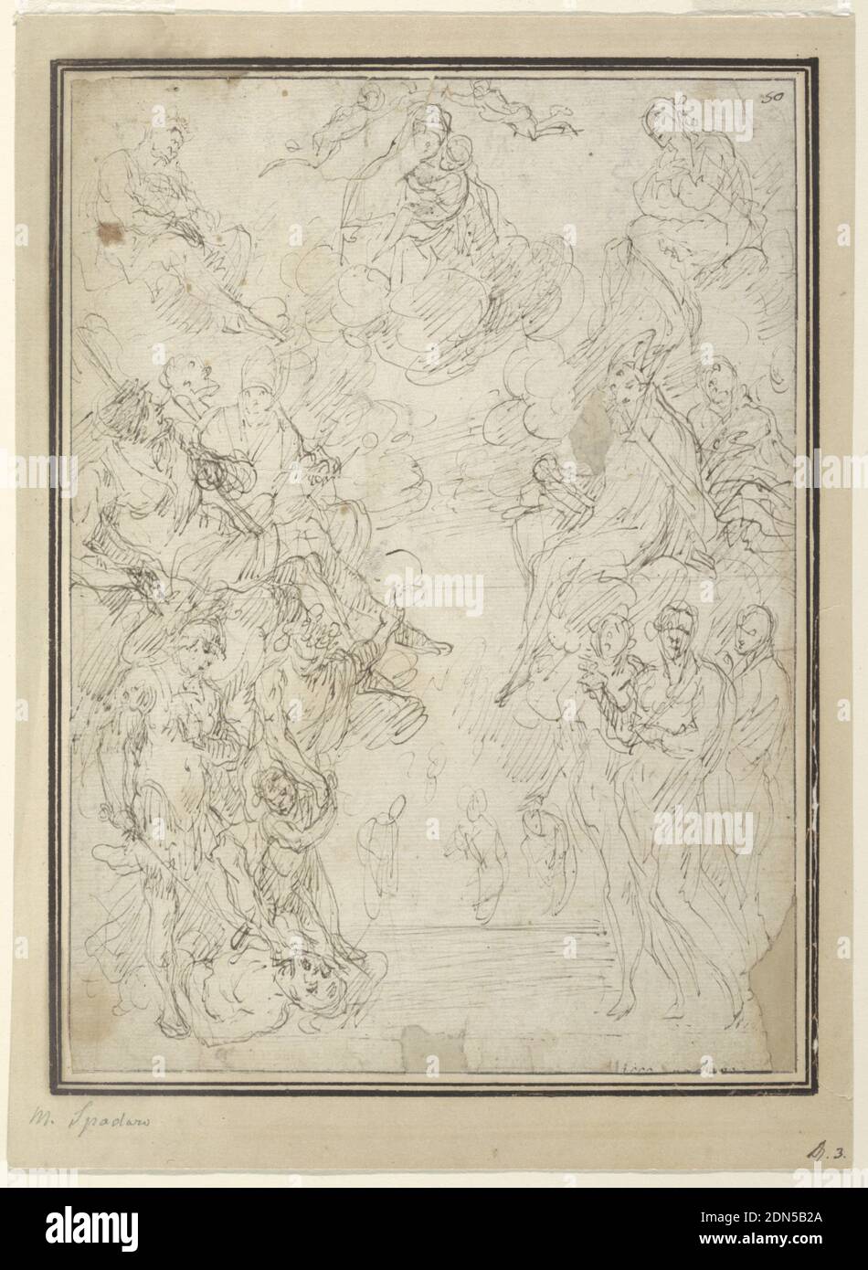 La Vierge à l'enfant avec les Saints, Domenico Gargiulo, appelé Micco Spadaro, italien, 1609 - 1675, stylo et encre brune sur papier, figure de la Vierge Marie est assis sur un nuage au centre supérieur, tenant l'enfant Christ. Elle est couronnée par deux anges. Les saints se tiennent de part et d'autre, et Lucifer est surmonté en bas à gauche., Naples, Italie, 1635–50, figures, dessin Banque D'Images