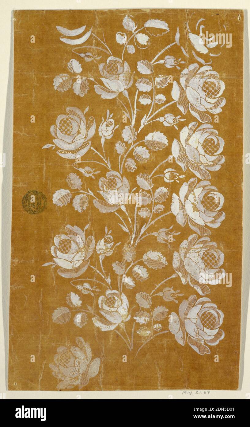 Design pour une bordure horizontale brodée ou tissée, de la fabrique de Saint-RUF, Unfinished, fabrique de Saint-RUF, Lyon, France, Brush et gouache blanc sur papier à tracer glacé collé sur papier, UNE guirlande rose. Un peu plus de trois répétitions sont présentées., France, 1805–1815, dessin Banque D'Images