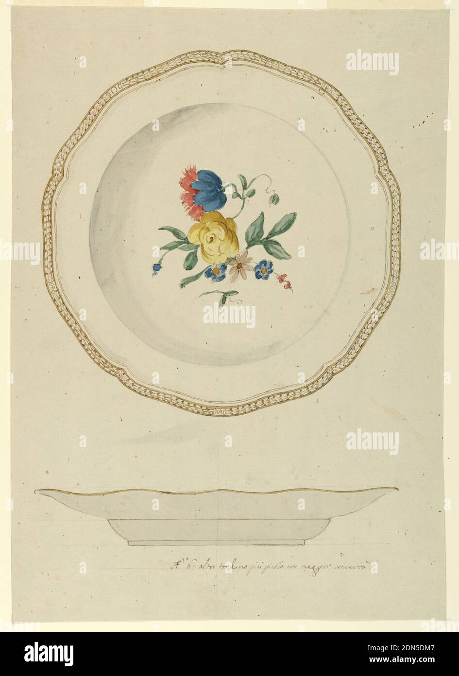 Design pour une plaque de soupe en porcelaine peinte, pinceau et aquarelle, craie noire sur papier crème, vue de la plaque en plan (ci-dessus) et en altitude (ci-dessous). Ci-dessus, soupe tardive avec un bord légèrement festonné décoré dans un motif écaillé en or, avec un gros spray floral de rose jaune et de tulipe bleue? au milieu. Ci-dessous, bordure inférieure non décorée, bordée d'or et de base., France, 1787–1800, céramique, dessin Banque D'Images