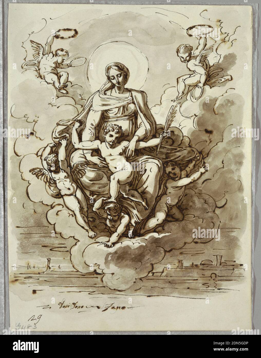 La Madonna et l'enfant dans la gloire, Etude après Dosso Dossi, Felice Giani, Italien, 1758–1823, stylo et encre brune, brosse et lavage brun, sur des traces de craie noire sur papier blanc à gros bois, au centre, Madonna et enfant assis sur des nuages, soutenu par trois putti, Avec deux autres putti volant en haut à droite et à gauche; l'enfant tient la couronne et la paume du martyre. Ci-dessous suggestion de ville fortifiée., Italie, Italie, 1821–22, figures, feuille de croquis, feuille de croquis Banque D'Images