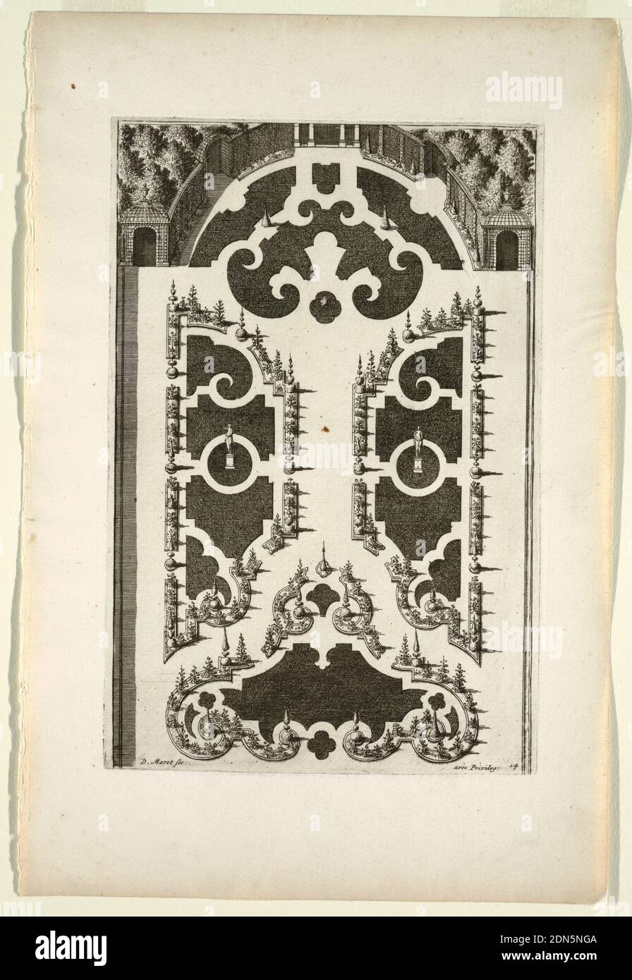 Assiette à Nouveaux Livre de parterres contentant 24 pensséz diferantes (Nouveau livre contenant 24 variantes différentes pour les lits de jardin), Daniel Marot, français, actif aux pays-Bas et en Angleterre, 1661–1752, Etching et gravure sur papier blanc, conception d'architecture de paysage pour le jardin., pays-Bas, ca. 1700, architecture, impression Banque D'Images