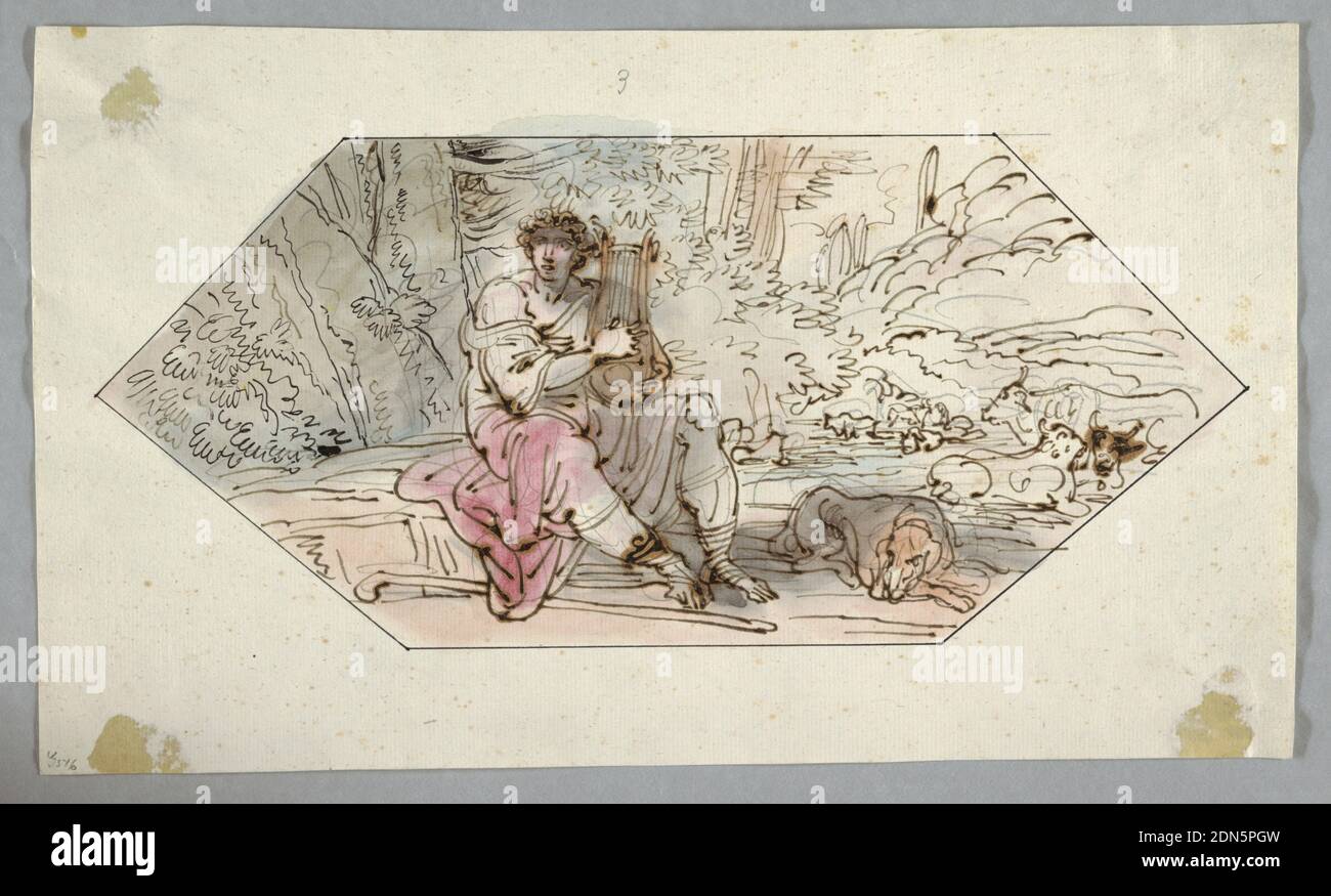 Apollo Guards les troupeaux [ou ficks] du roi Admetus, Felice Giani, italien, 1758–1823, crayon, stylo et encre noire, pinceau et aquarelles sur papier., Rectangle horizontal. Assis, il joue la lyre. Le chien et le thecastle sont à droite. Légende, sur le dessus écrit avec de la craie noire: 3 dans un hexagone. Pour le Teatro Della Concordia, Jesi dit Cavina, vol II, p. 813, ai, 278., Italie, 1780–1800, chiffres, dessin Banque D'Images