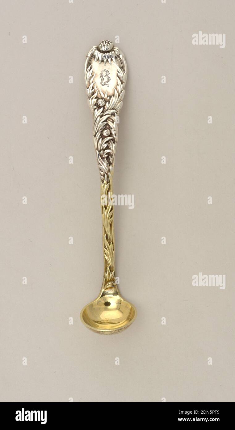 Chrysanthème, Tiffany & Company, cuisine américaine, établie en 1853, argent, bol rond profond, doré ; manche décoré avec relief et motif chrysanthème, avec « B » gravé en réserve., 1880–91, couverts, Arts décoratifs, cuillère à sel, cuillère à sel Banque D'Images