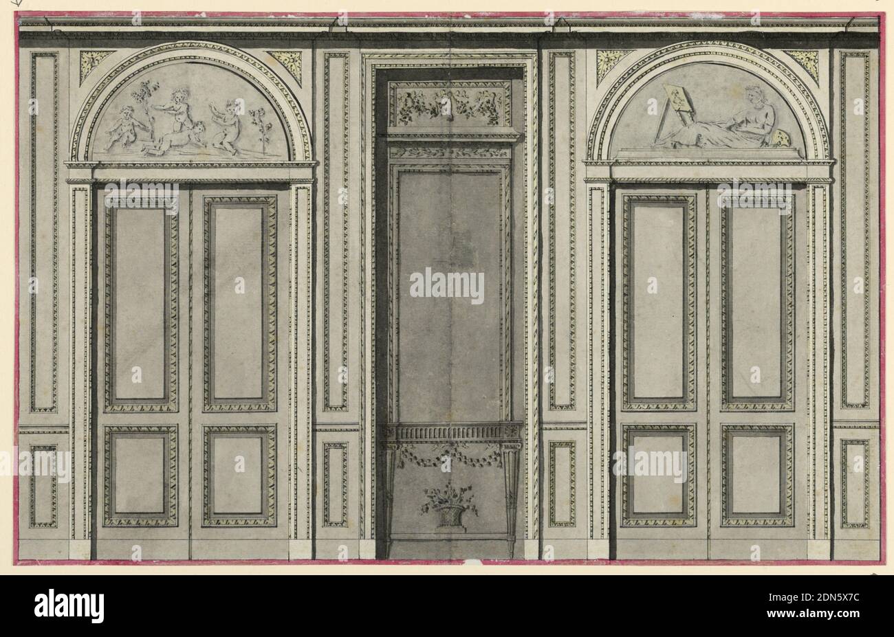 Design pour un mur de salon, stylo et encre, pinceau et jaune, aquarelle rose, graphite sur papier, UN miroir avec une console au fond se dresse dans une niche au centre. Fenêtres cintrées montrant quatre enfants à gauche., France, 1785-1795, dessin Banque D'Images