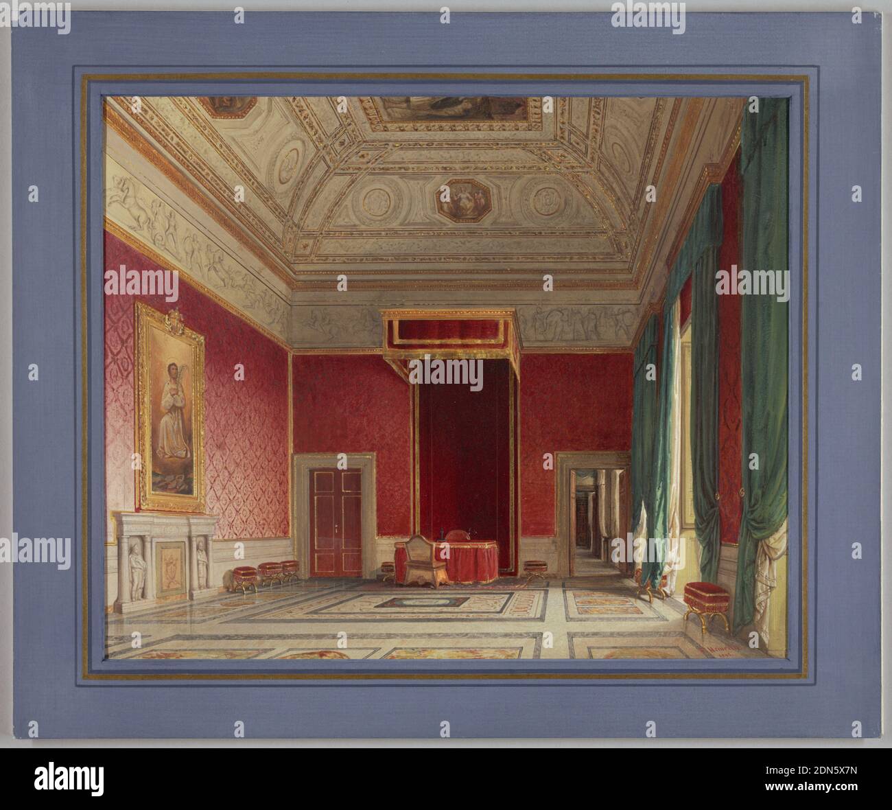 Sala del Thorvaldsen, Rome, Franz Heinrich, allemand, 1802–1890, pinceau et aquarelle, gouache blanc, stylo et encre brune, graphite sur papier blanc épais, la frise en plâtre entourant les murs supérieurs représente le relief de Thorvaldsen de l'entrée de Triumphal d'Alexandre le Grand dans Babylone, Commandé par Napoléon en 1812 pour la salle du trône du Palais Quirinal à Rome. Le plafond cercueil est décoré de ronds sculptés parsemés de tableaux octogonaux; en outre, un grand tableau occupe le centre. Les murs sont suspendus avec des brocarts pourpres et les fenêtres avec de la soie vert foncé. Banque D'Images